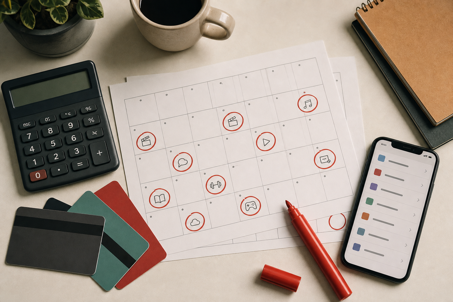Bureau met kalender, calculator, betaalpassen en smartphone voor een abonnementencontrole