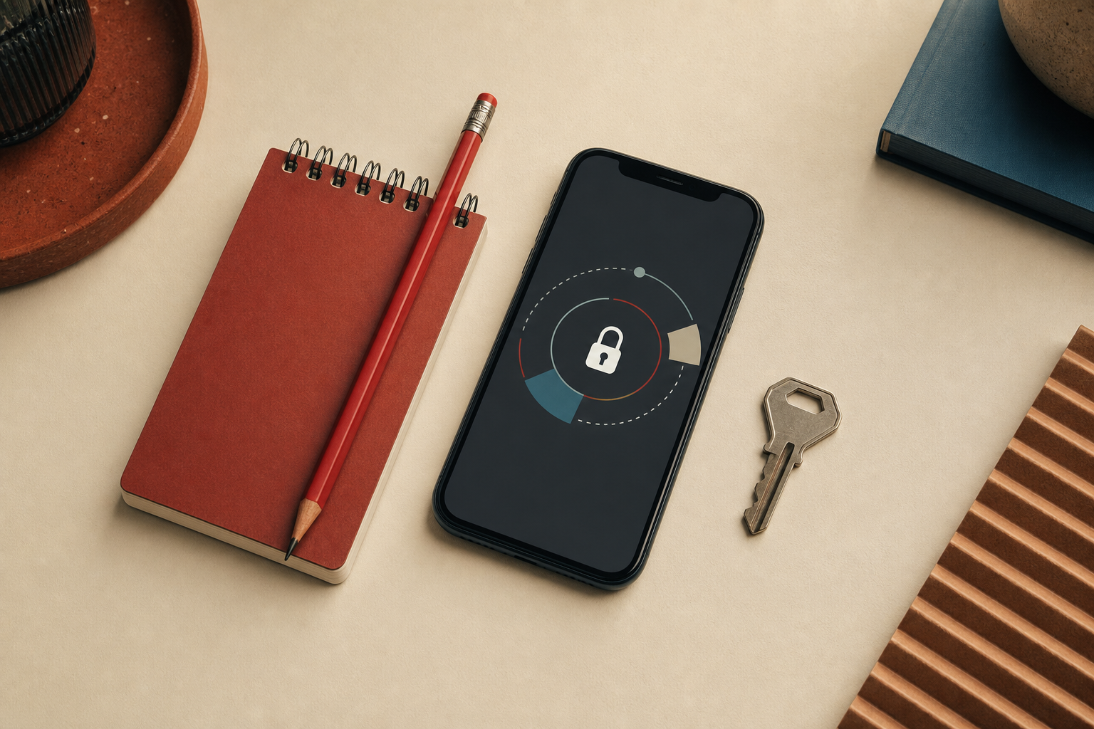 Smartphone met slotsymbool naast een sleutel, notitieboek en rood potlood
