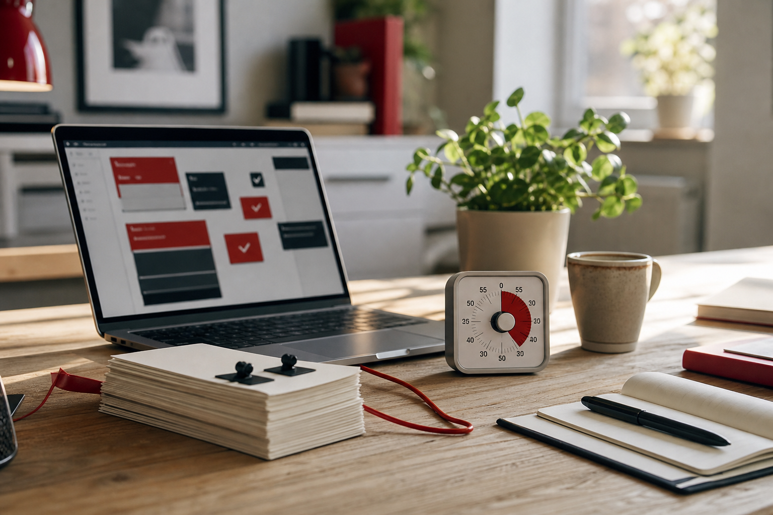 Geordende werktafel met laptop, timer, notities en rode kabel