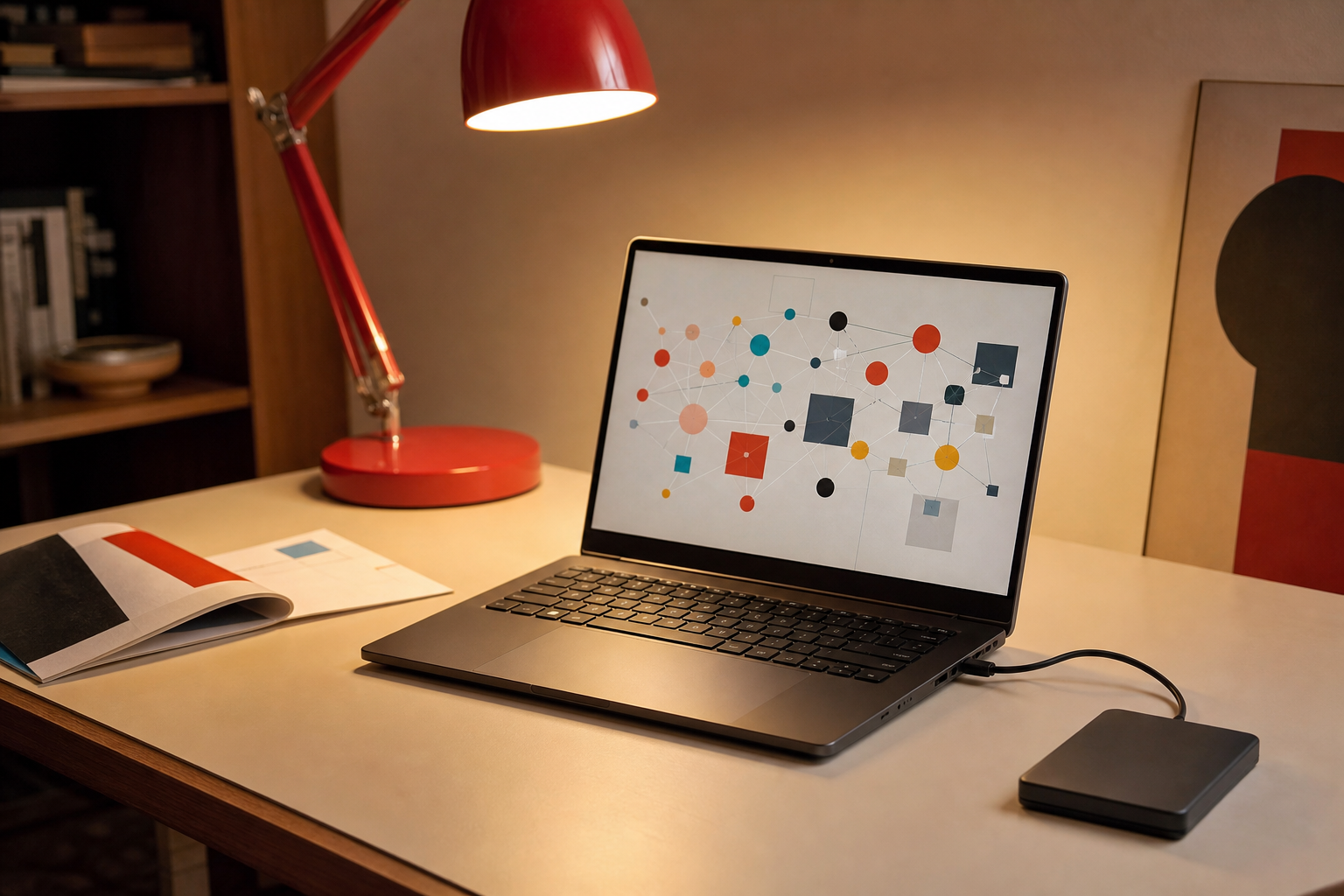 Laptop met abstract netwerkbeeld naast een externe schijf en rode bureaulamp