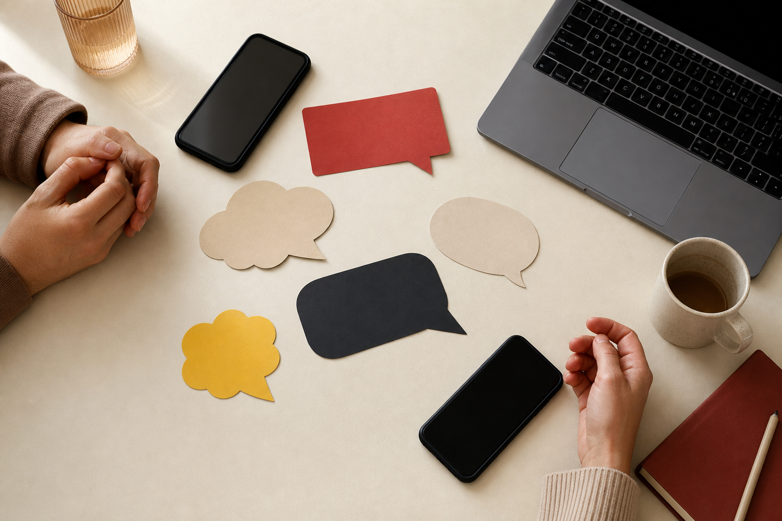 Twee mensen aan een tafel met telefoons, laptop en papieren gesprekswolkjes