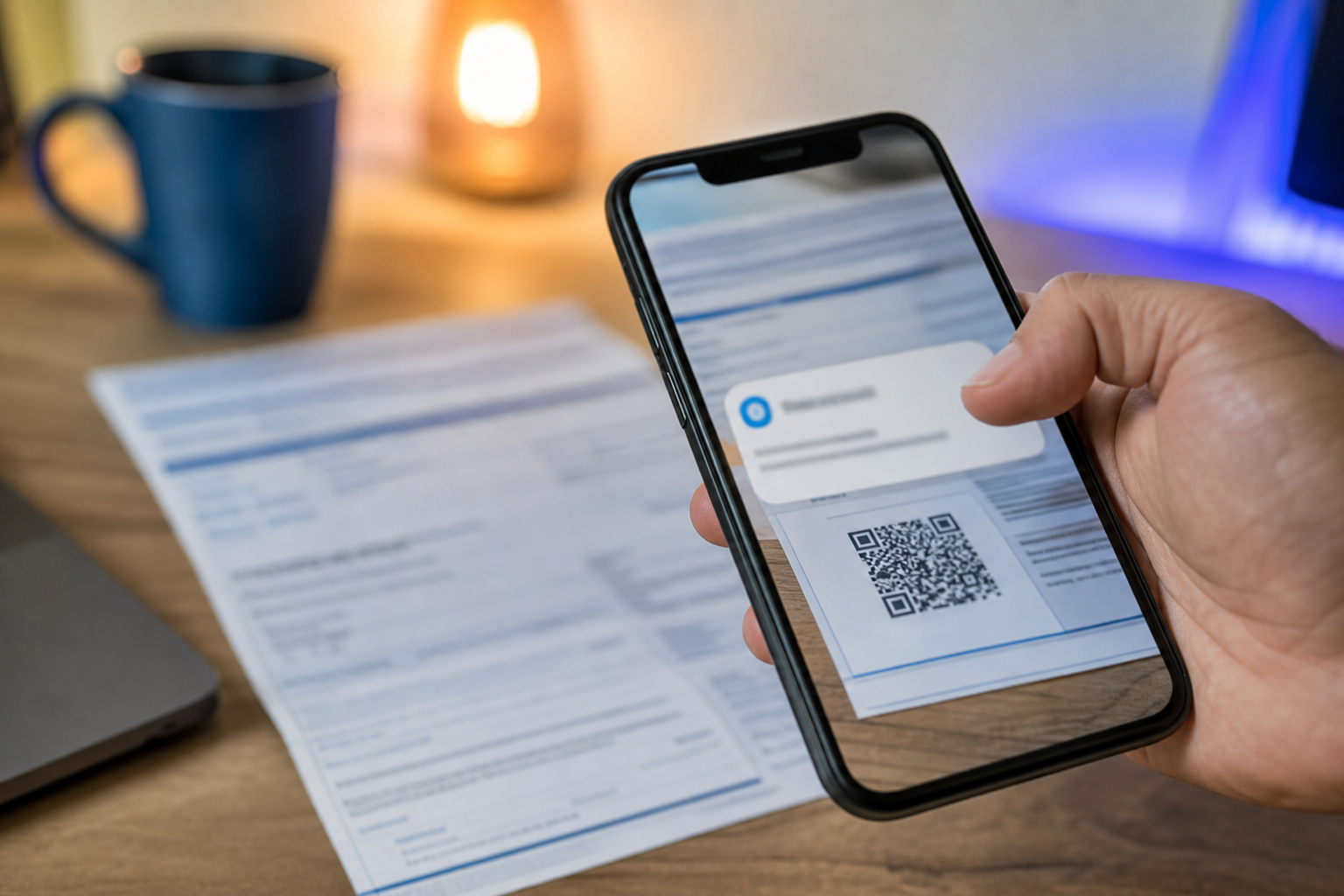 Smartphone die een QR-code op een betaalbrief scant naast een controlelijst