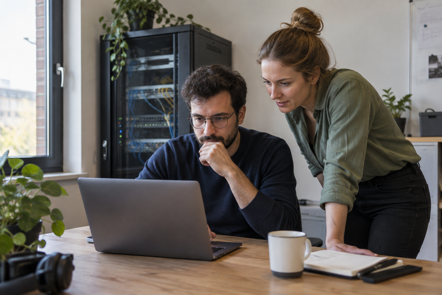 Collega’s bekijken software in een werkruimte met serverkast
